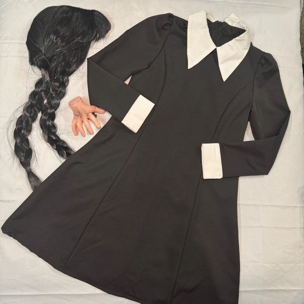 Kids Wednesday Addams Costume Dress Black White Collar Wig Prop Hand Thing